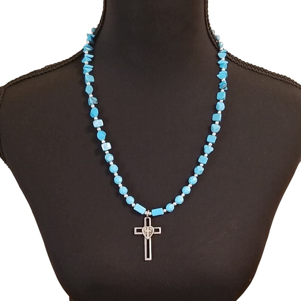 Handmade Turquoise Beaded Necklace Cross Pendant Religious Statement Jewelry